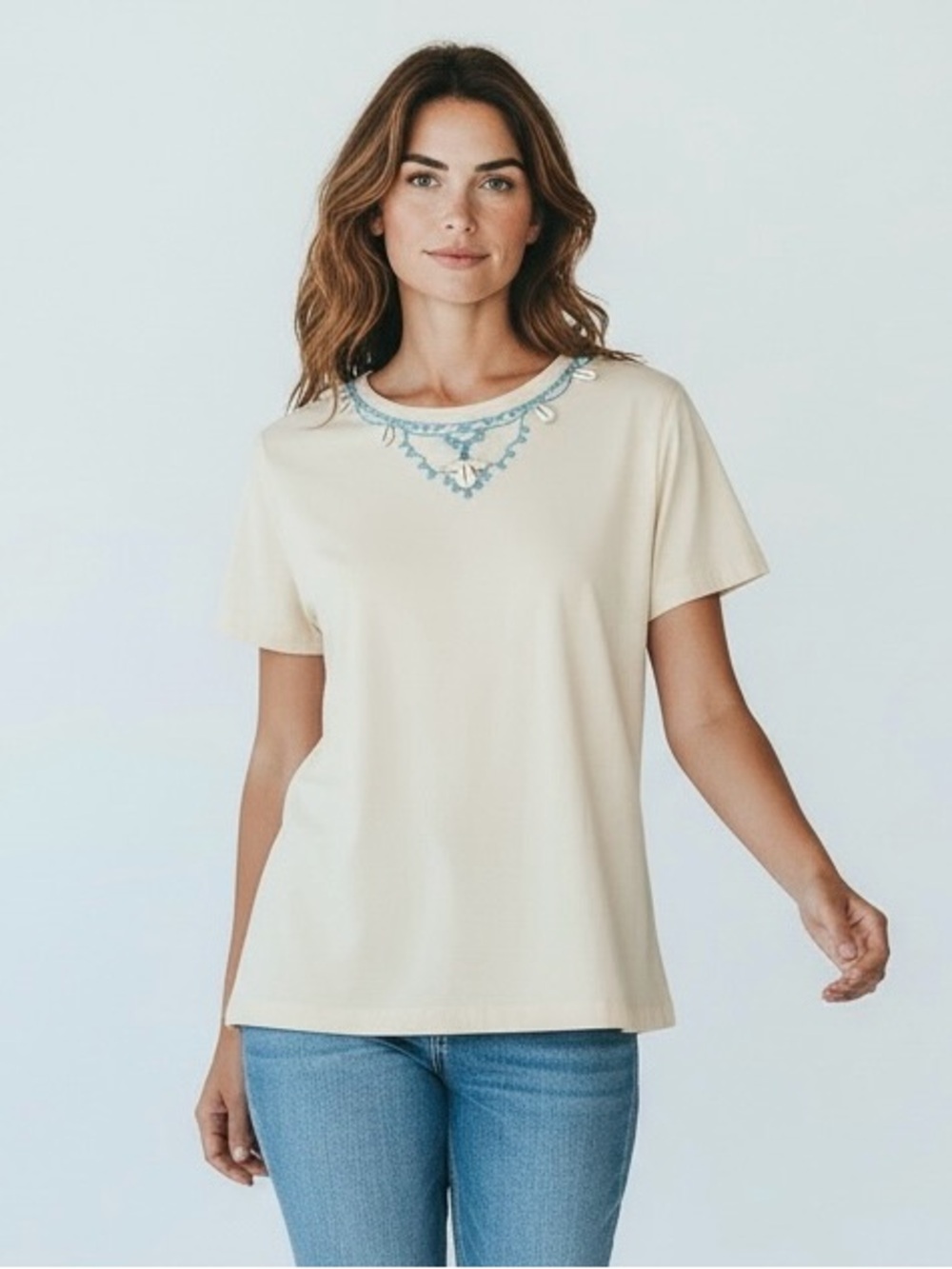 Lemon Grass Studio Shells and Beaded Scoop Neck Cream Top Size L